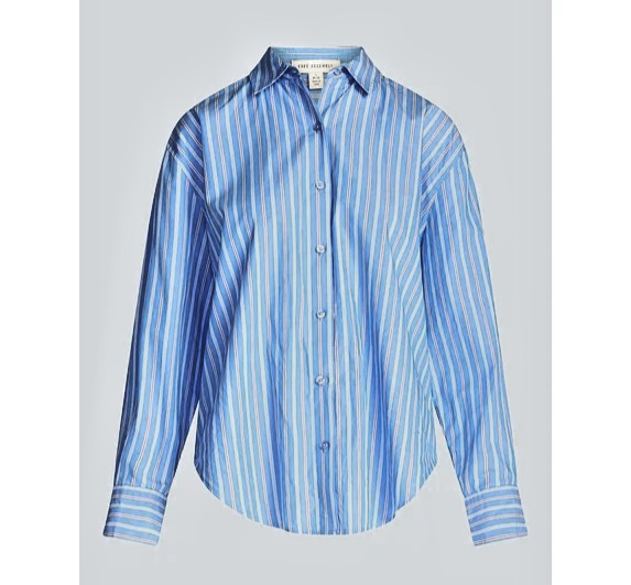 New 100% Cotton Womens Blue Poplin Button-Up LS Shirt With White And Red Stripes