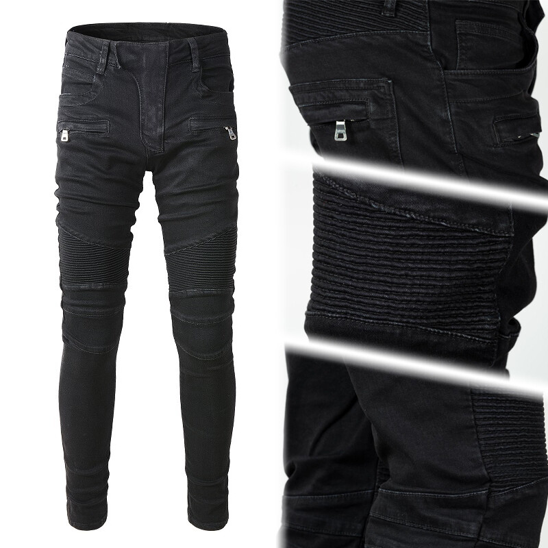 Men's Classic Retro Zipper Pocket Skinny Pleated Stretch Twill Denim Jeans