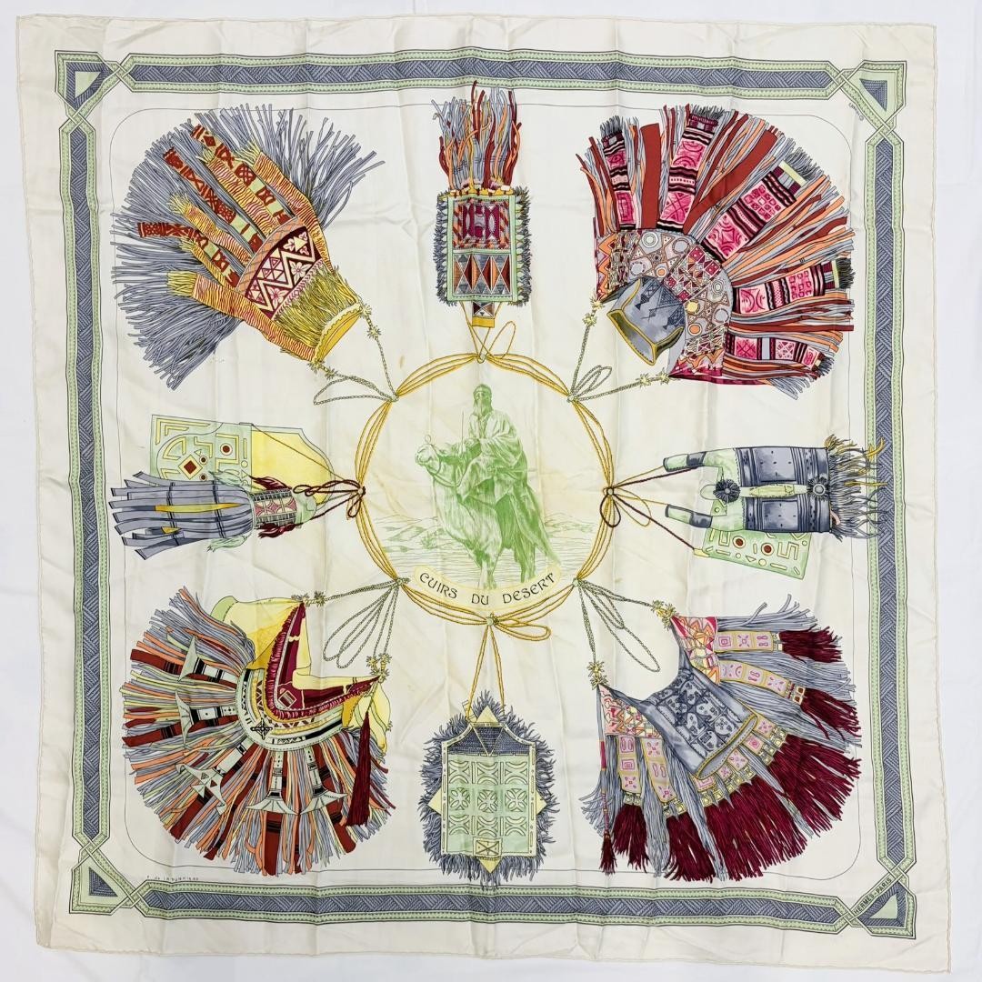 Hermes Carre 90 Cuirs du Desert Silk Scarf Ivory