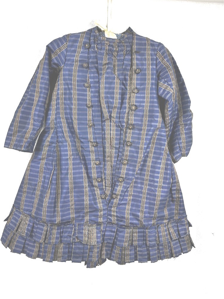 antique dress Victorian girl child blue silk plaid bustle chest 22 original 1890