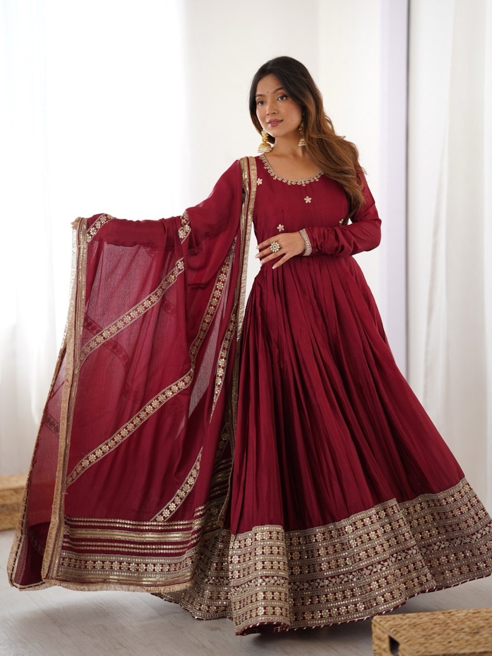 Ethnic Wear Maroon Chinon Silk Salwar Kameez with Dupatta For Women