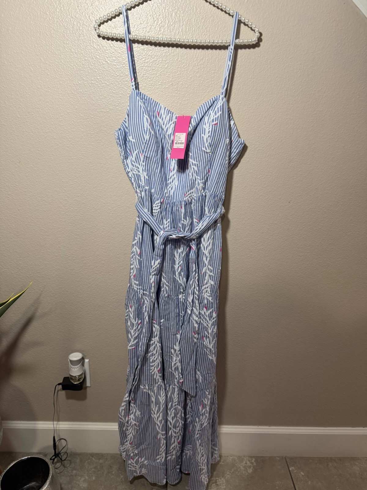 NWT Lilly Pulitzer Aviana Maxi Dress Open Coral Pigment Size 16 Blue Stripe