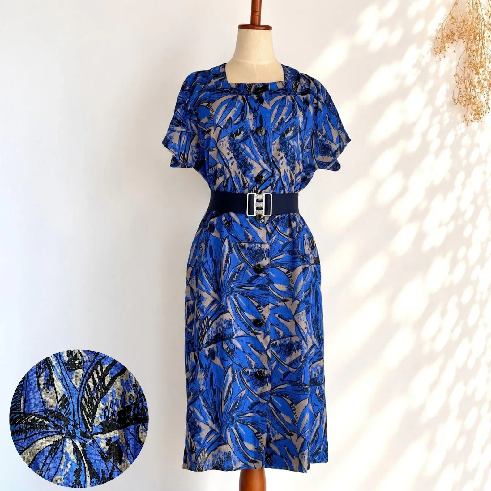 VTG 80s JOMONDO Blue Abstract Botanical Print Dress Dolman Sleeve Midi US S M