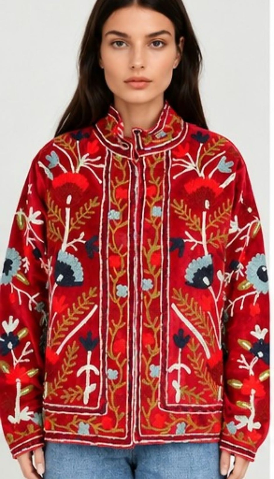 Red Floral Embroidered Jacket, Velvet Boho Coat, Vintage Style Women’s Jacket, C