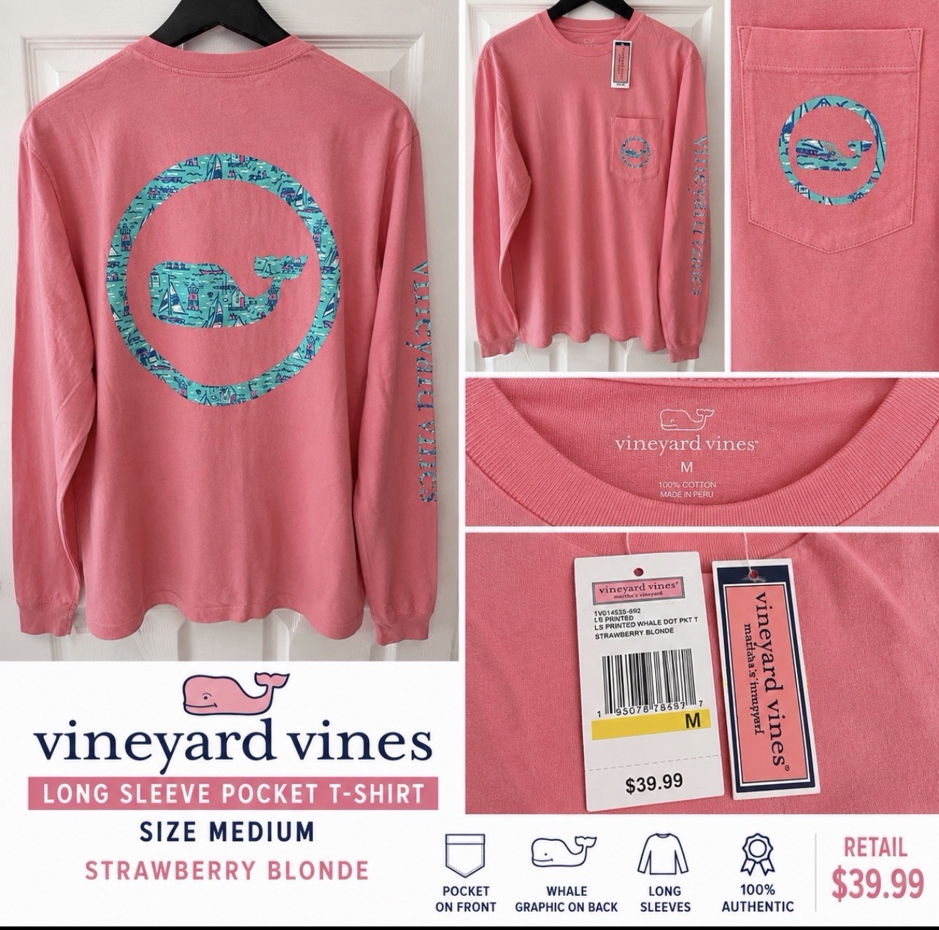 Vineyard Vines Medium Long Sleeve T-Shirt Strawberry Blonde w/Pocket NWT