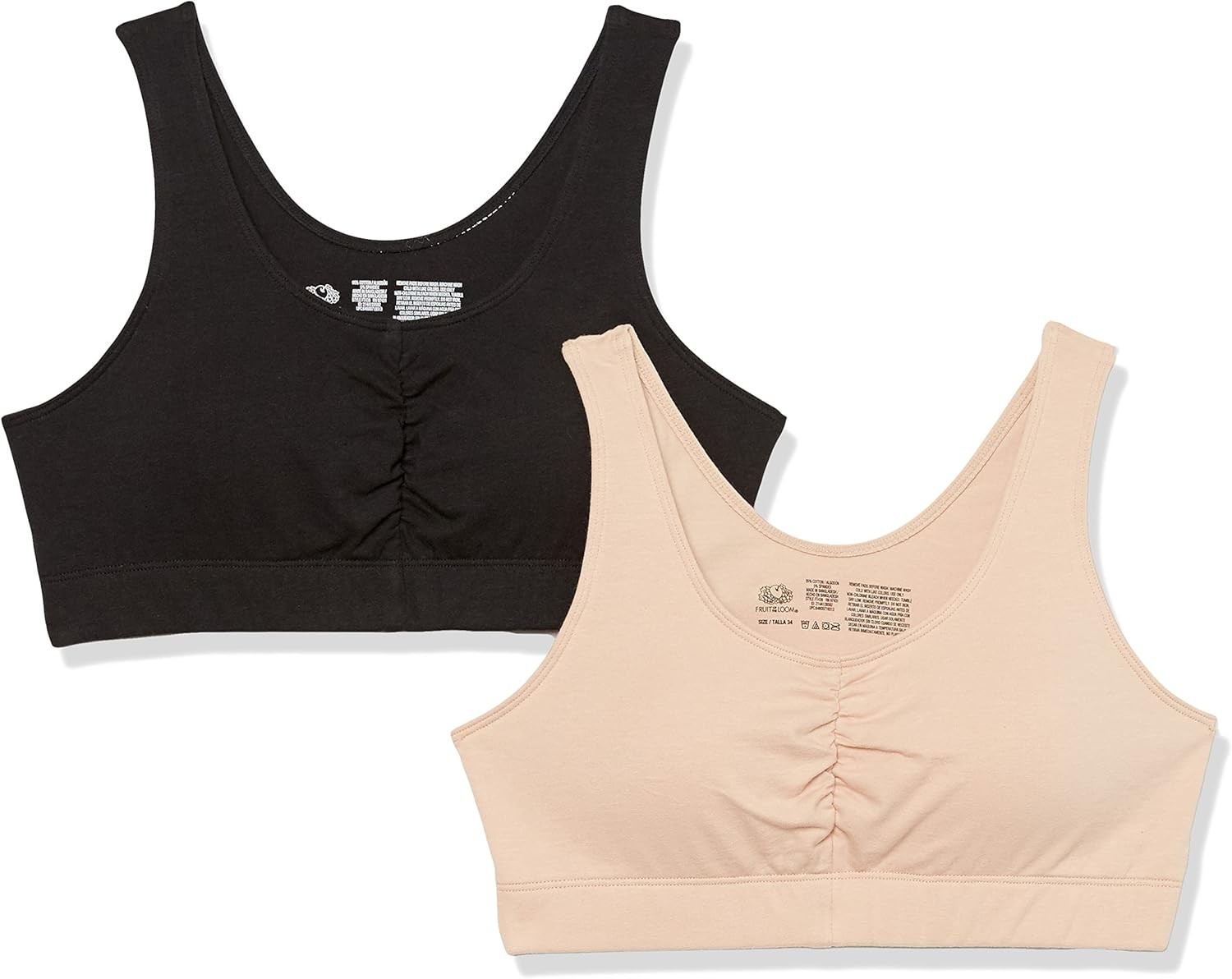 Fruit of the Loom Women\'s 2-Pack Shirred Front Sport Bra size 34 sand/black