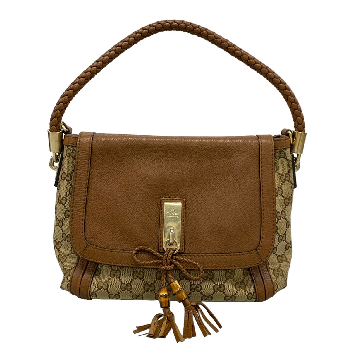 GUCCI Bella 282301 Beige Dark Brown Jacquard Leather Handbag