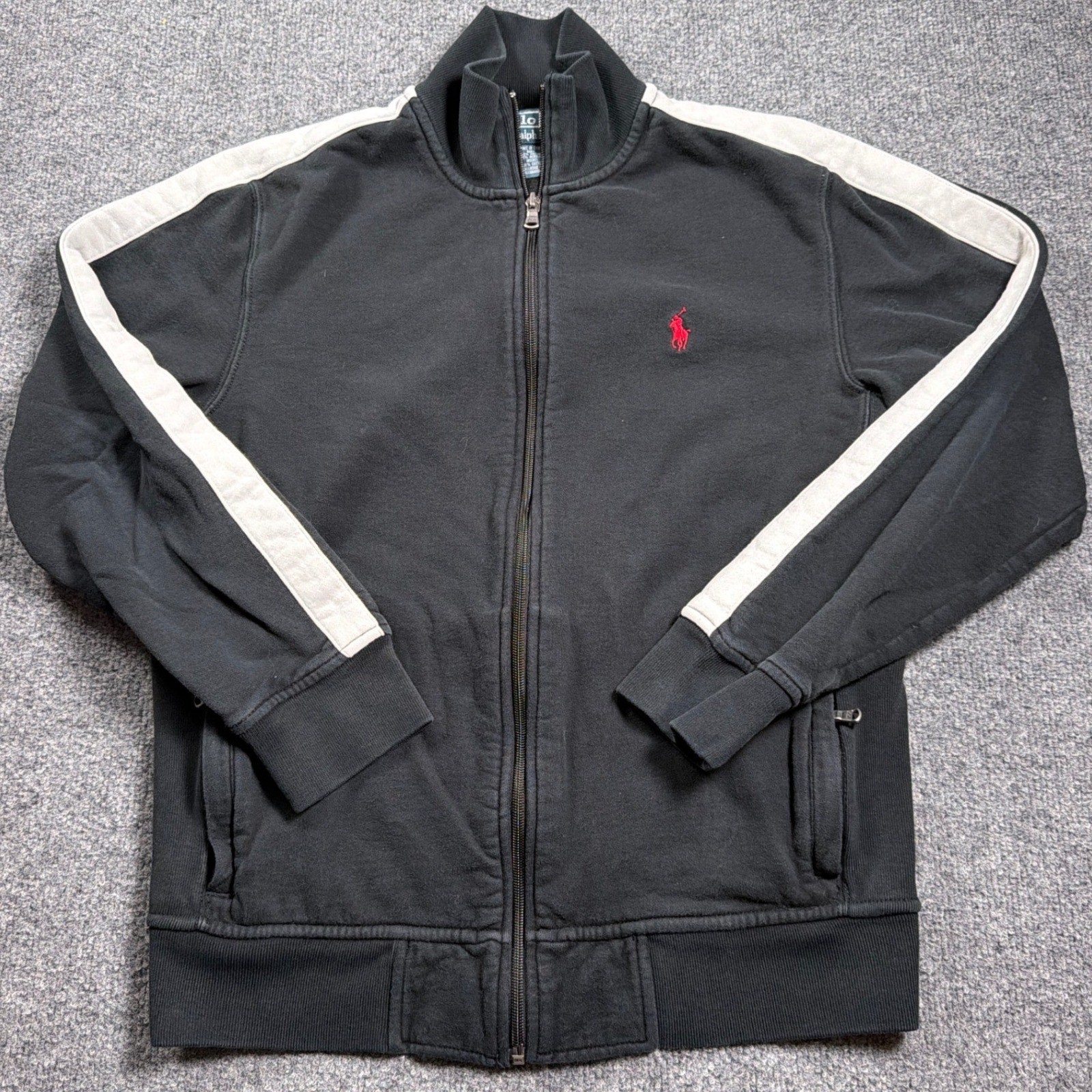 VTG Polo Ralph Lauren Track Jacket Mens Medium Black White Stripe Red Pony