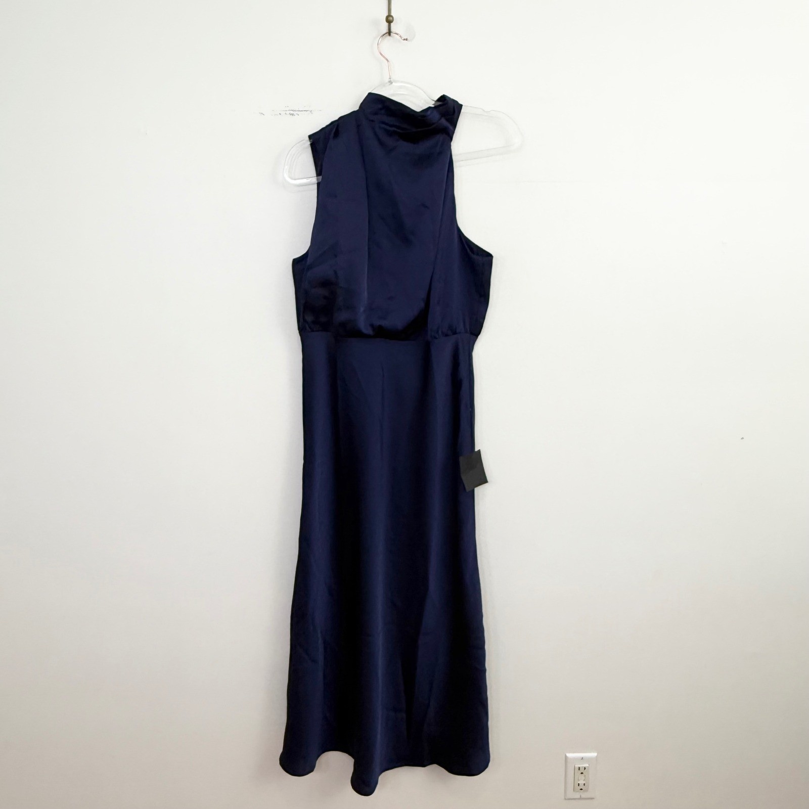 Lulus Distinctive Charm Navy Satin Asymmetrical Mock Neck Midi Dress XL NWT