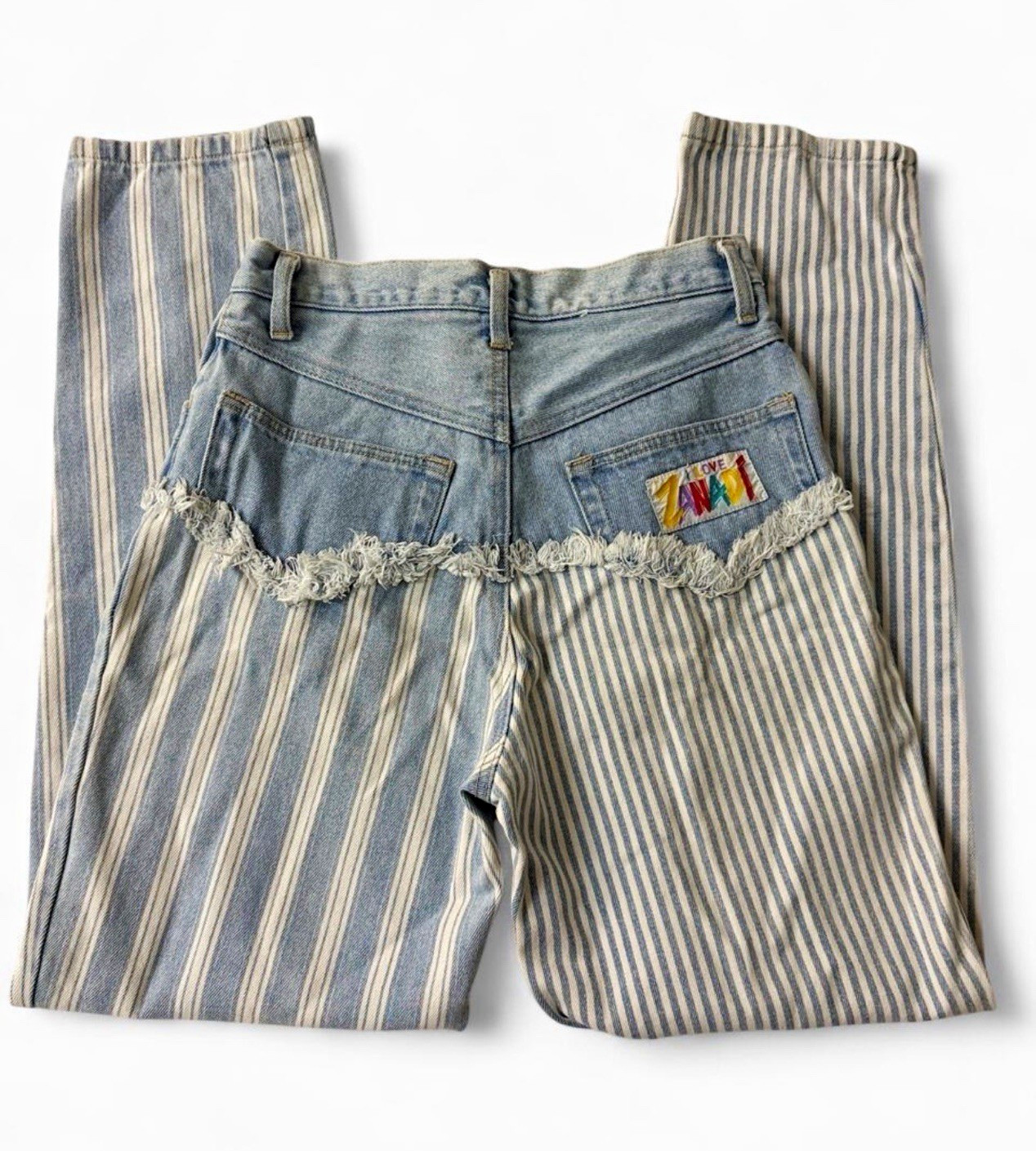 Vintage 90s I Love Zanadi Striped Raw Hem Patchwork Denim Jeans Size xs/S Rare