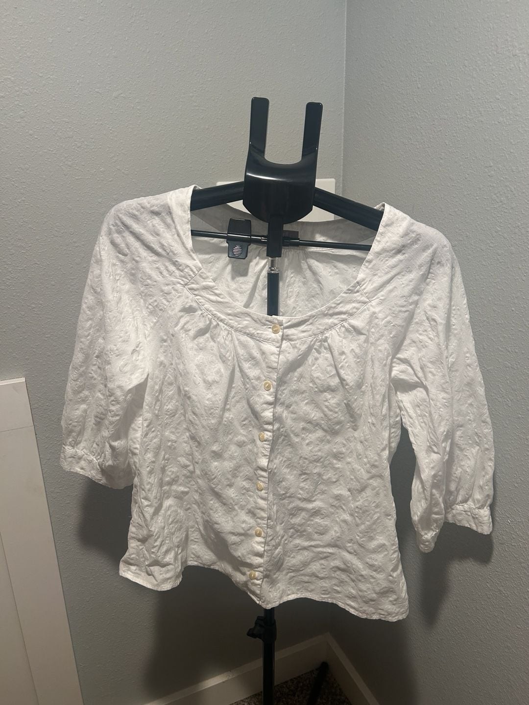 J.Jill White Button-Front Blouse Textured Cotton Short Sleeve