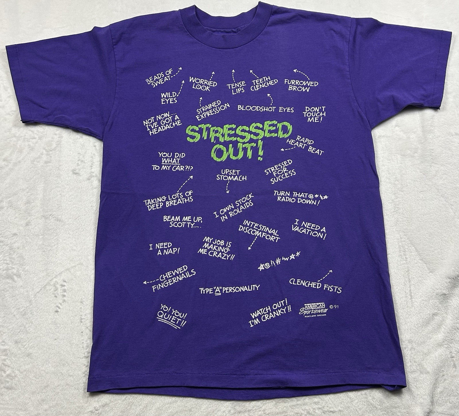 Vintage Stressed Out T-Shirt Mens L (Fits Medium) All Over Print Made In USA 90s