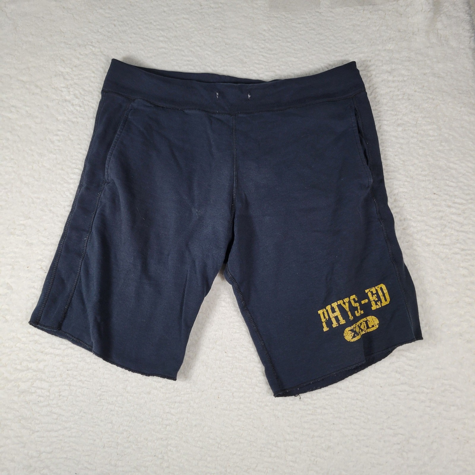 VTG Fruit of the Loom Sweat Shorts Men Size M Navy Blue Phys-Ed Graphic Raw Hem