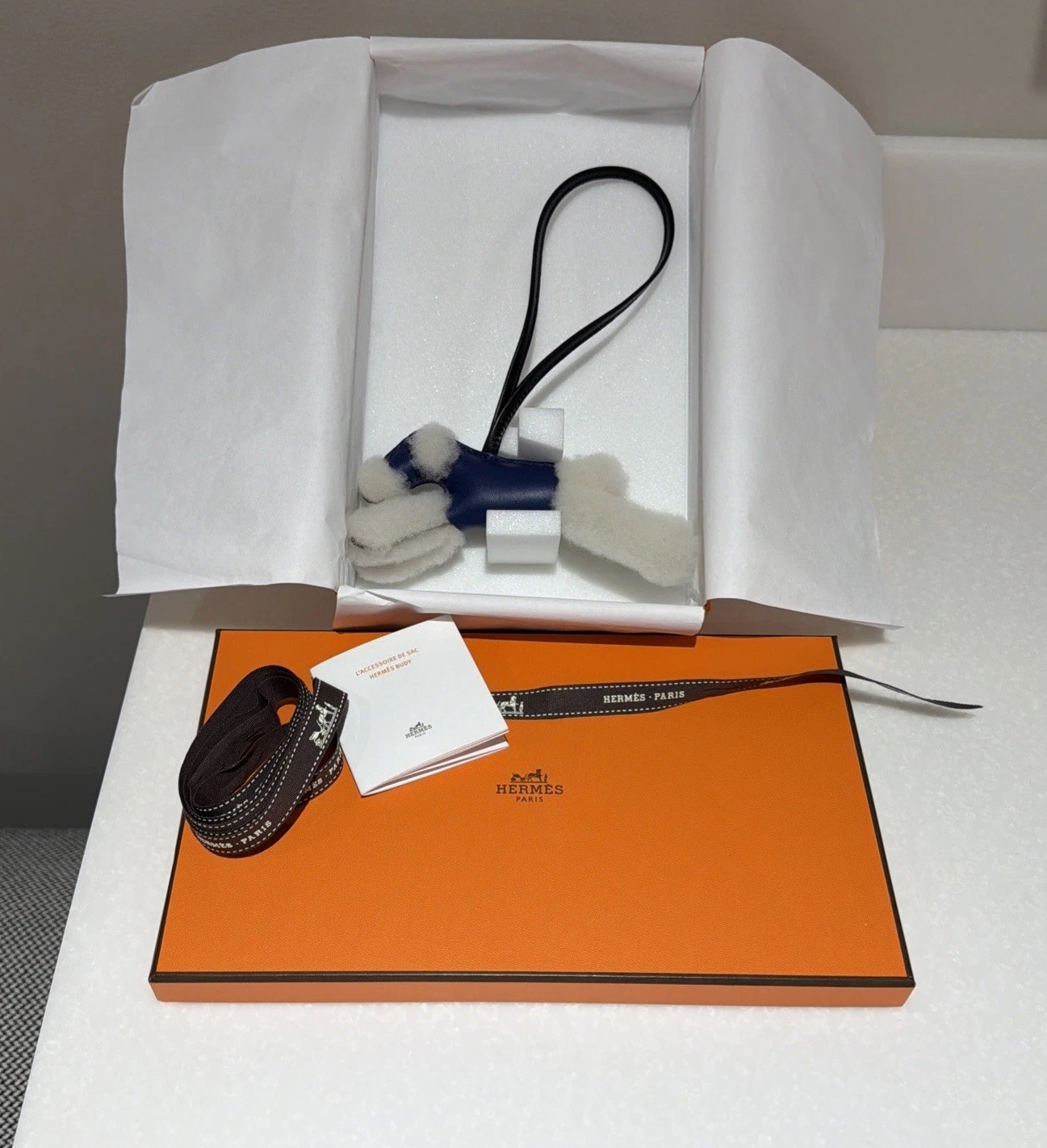 Hermes Budy Bag Charm Blue Saphir  Black Ecru Milo Leather and Wool New
