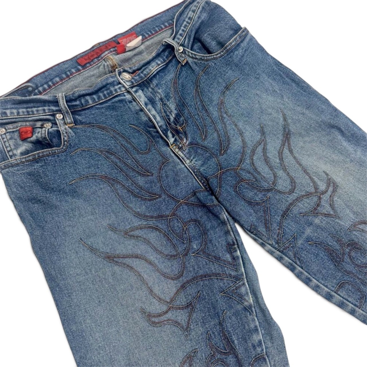 Vintage Y2K Bongo Flame Embroidered Jeans Tribal Denim Size 14