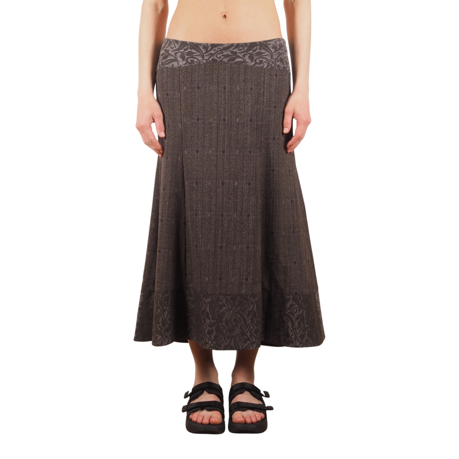 Kenzo Jungle Vintage Women\'s Beige Jacquard Trim Flared Midi Skirt FR 38 / US 6
