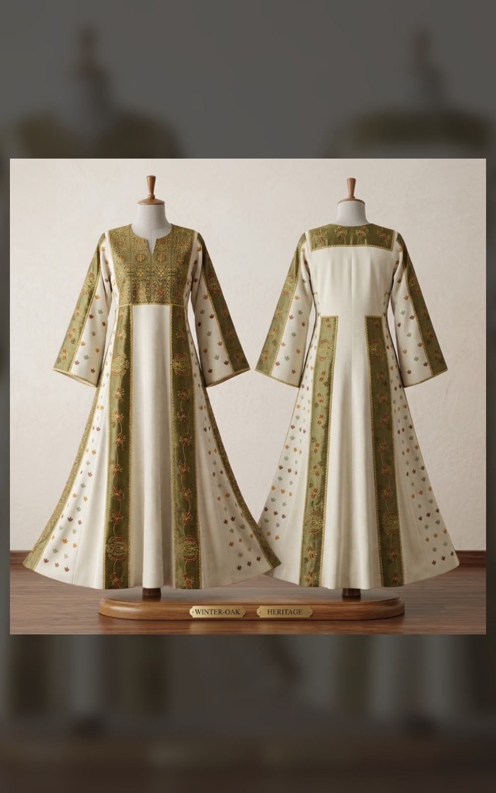Exquisite Authentic Palestinian Embroidered Thobe Dress (Off-White, Olive & Gold