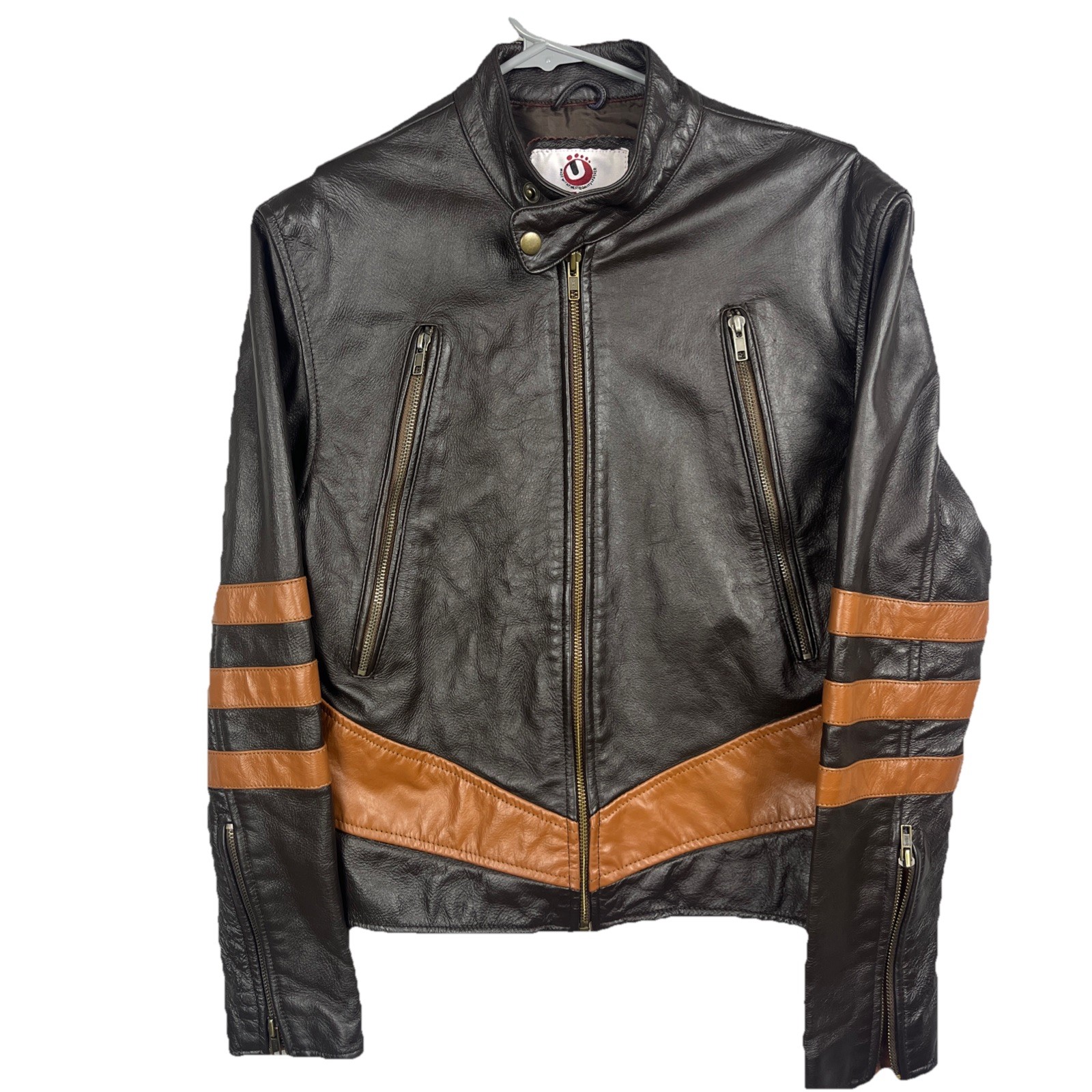 Vtg Ultimo Leather Jacket Women’s Small Biker Motorcycle Brown Fashions Striped