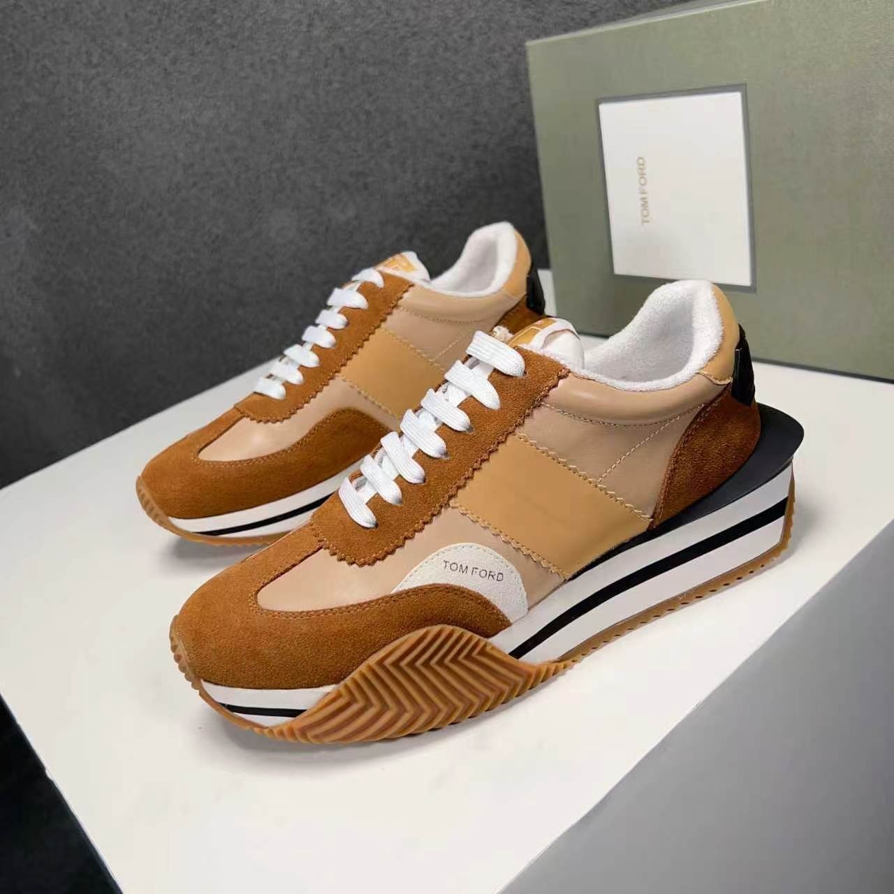 New Tom Ford Retro Platform Low Top Men Sneaker Suede Leather Brown Beige Casual