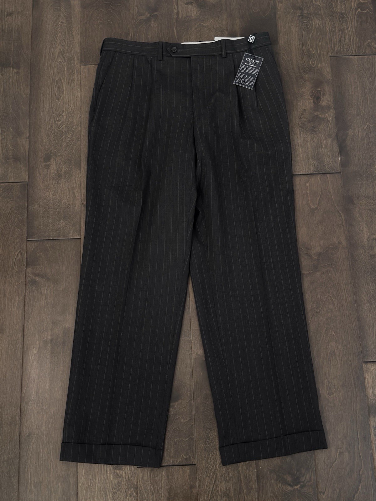 NWT Chaps Mens 100% Wool Dark Grey Pinstripe Pleated Dress Pants 34X30 Trousers