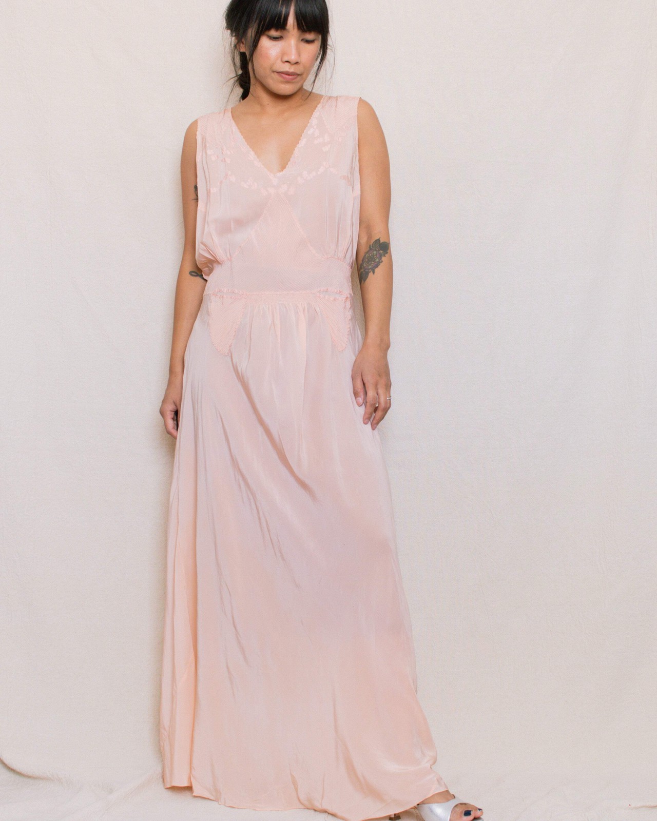 Vintage 30s/40s Peach Pink Silk Bias Cut Floral Maxi Dress Size Large