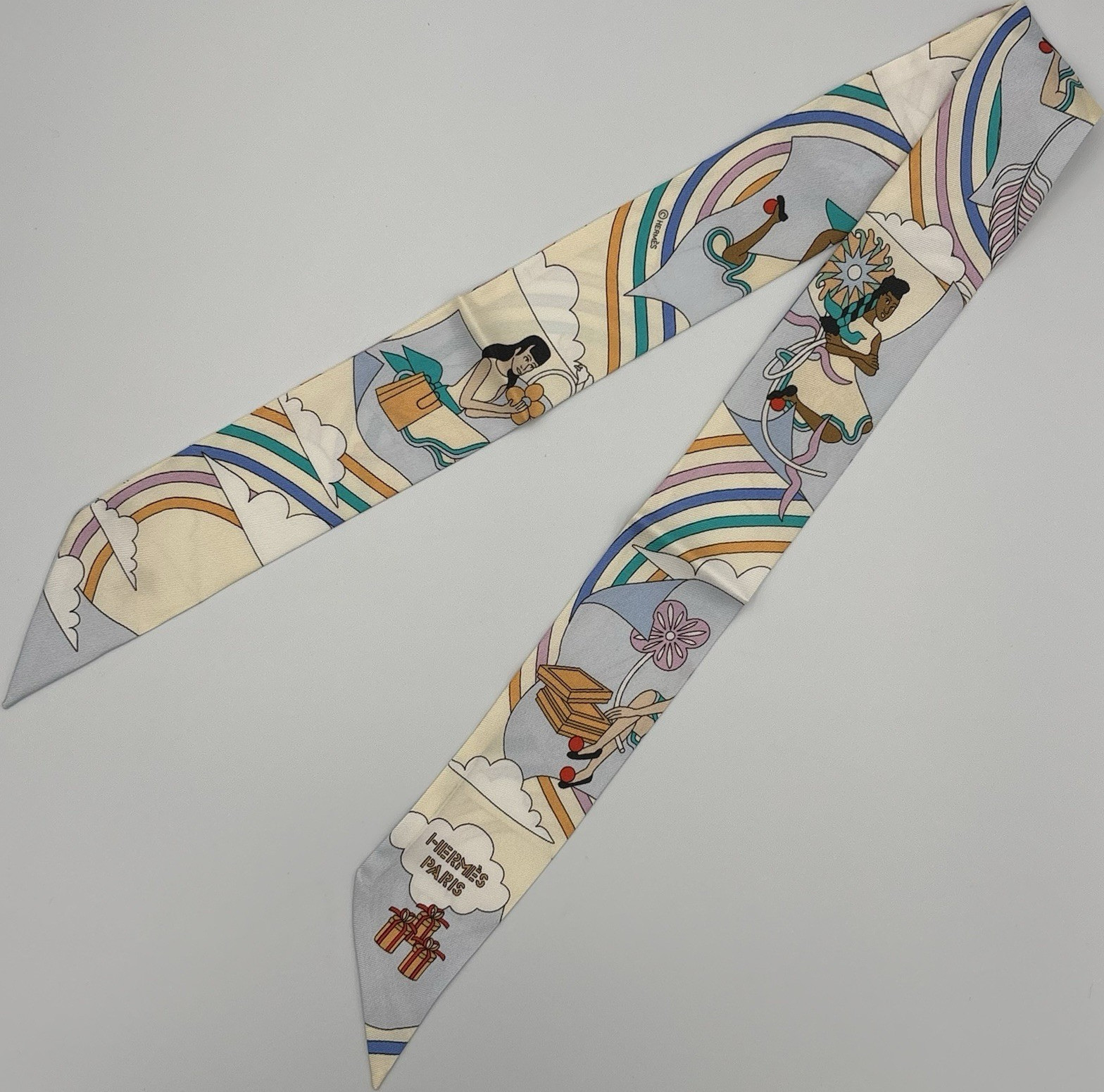 Hermes Carres Volants Twilly Scarf Pastel Blue Cream Multicolor Silk
