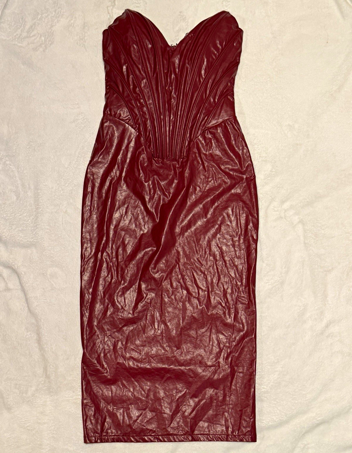 Fashion Nova Burgundy Faux Leather Sweetheart Strapless Bodycon Midi Dress S