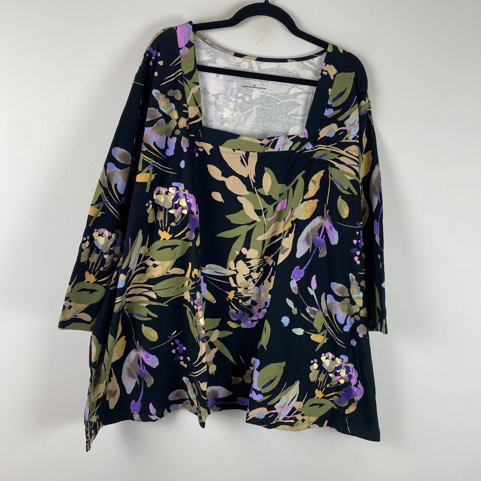 Catherines Suprema Tunic T Shirt Size 5X Square Neck 3/4 Sleeves Black Floral