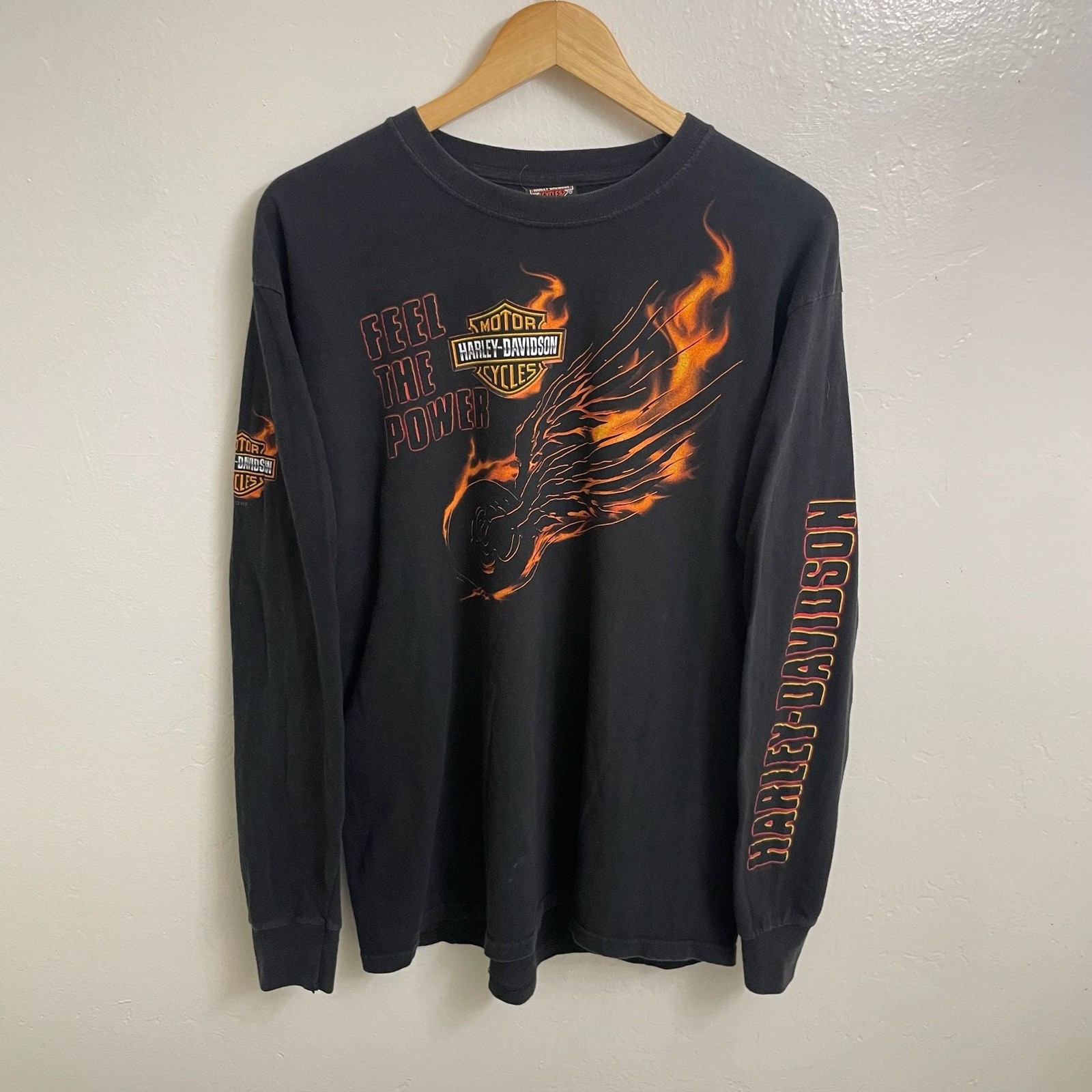 Vintage 2000s Harley Davidson Feel The Power Flaming Long Sleeve Shirt Black