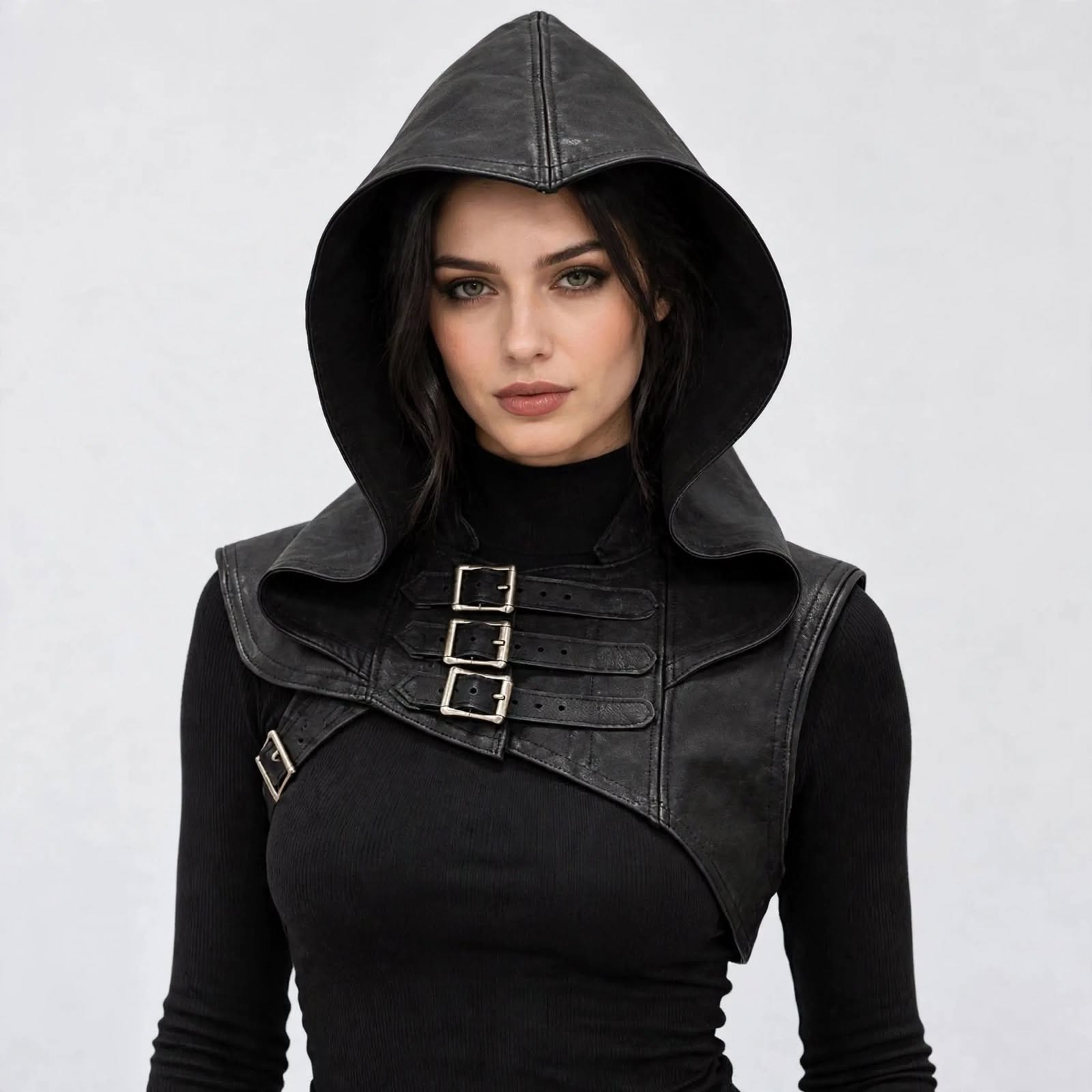 Black Leather Hooded Shoulder Cape, Gothic Buckle Harness Bolero, Steampunk Hood