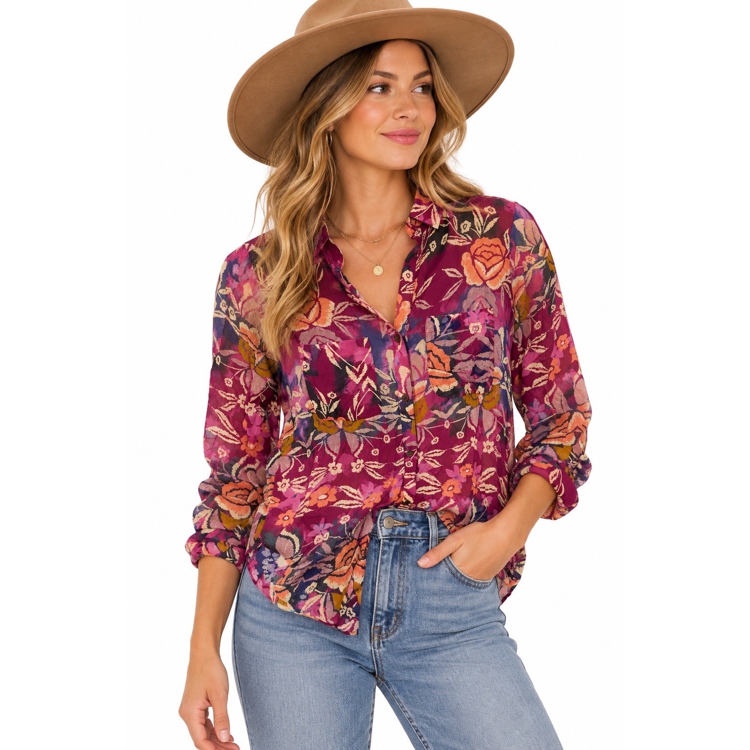 Pilcro Button Down Shirt Womens Small Purple Floral Viscose Boho Long Sleeve