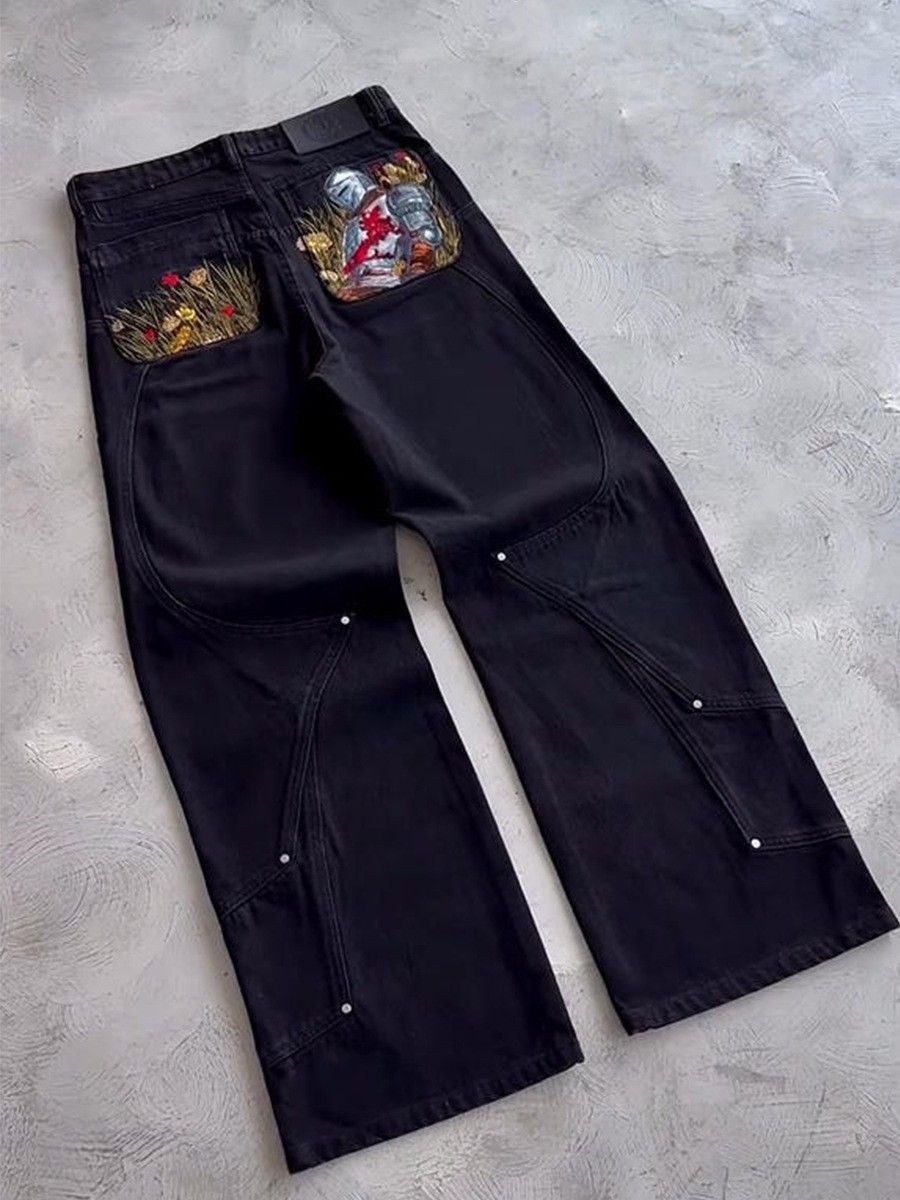 Vescartes Fallen Knight Denim Embroidered Straight Pants