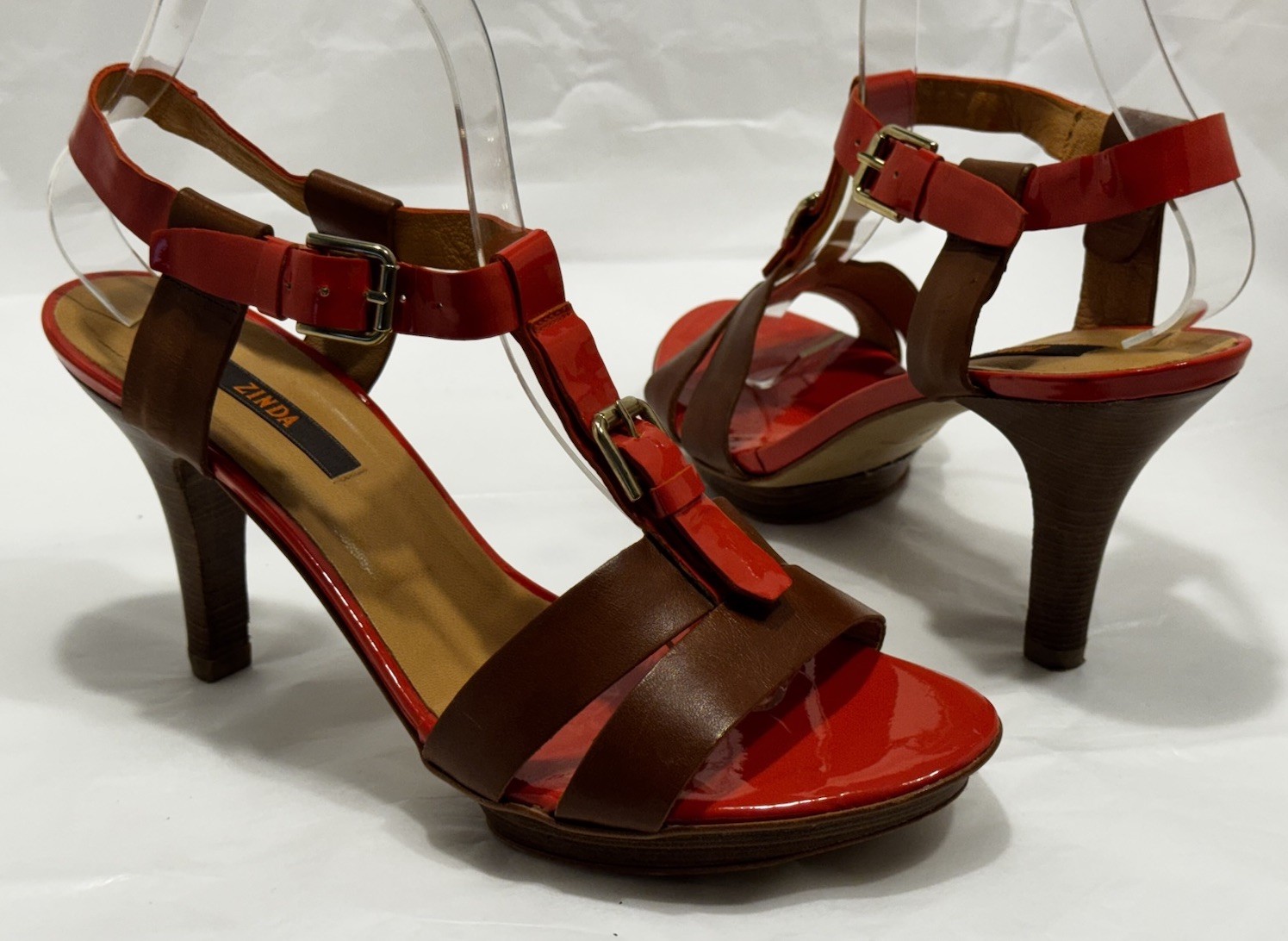ZINDA 40EU CORAL/BROWN Patent Leather Slingback Ankle T-Strap Heeled Sandal 9.5M