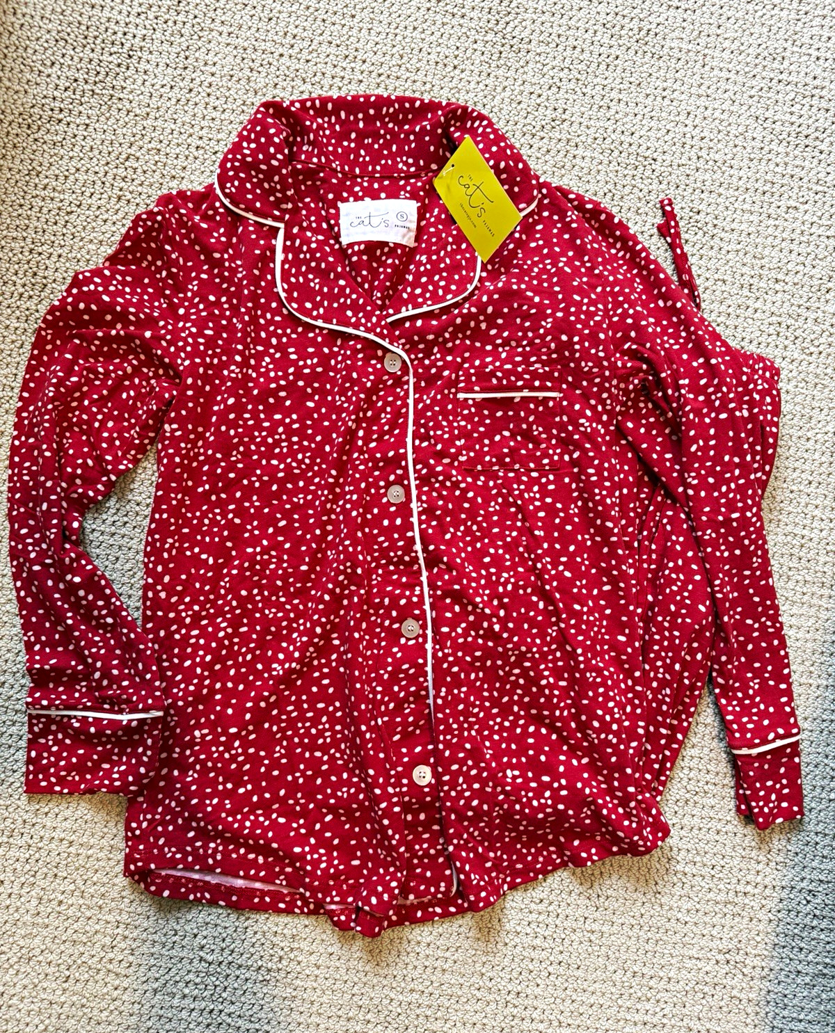 The Cat\'s Pajamas Women\'s Red/White Polka Dot Button-Up Pajama Set Long Sleeve S