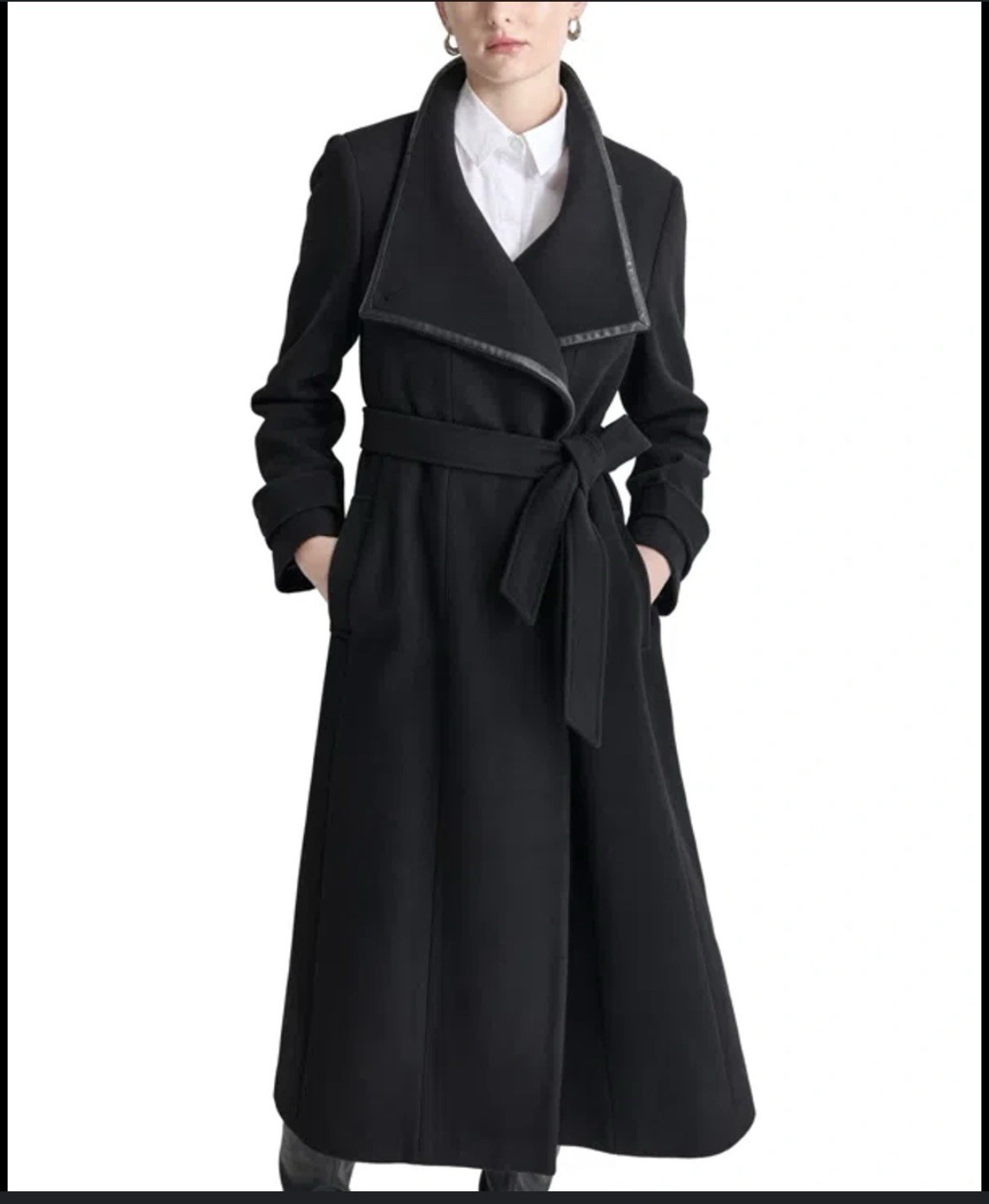 DKNY Black Wool Blend Wrap Coat Womens Size M Long Belted MSRP $500