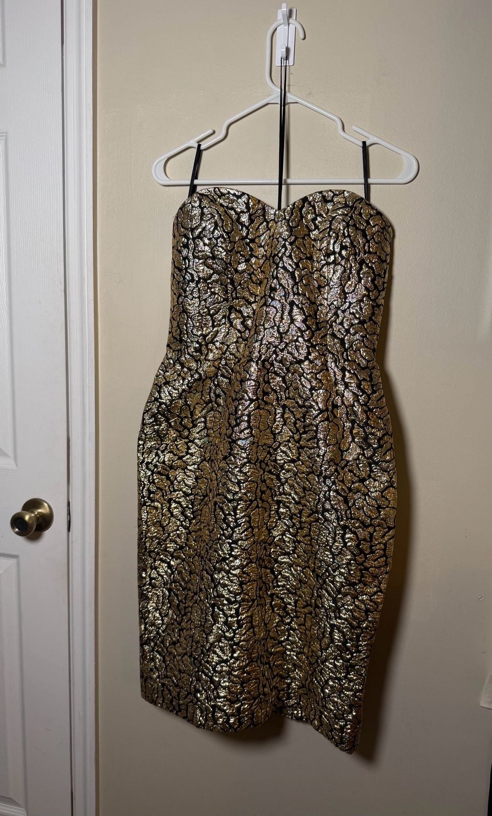 Vintage 80s A.J. Bari Black Gold Metallic Brocade Sweetheart Cocktail Dress