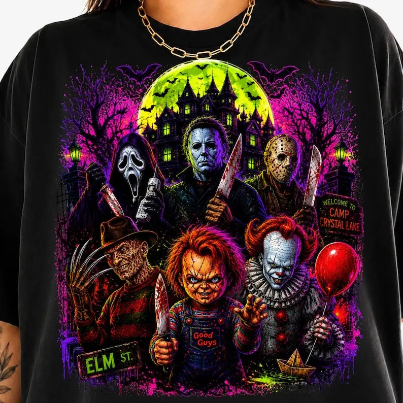 Unisex Neon Horror Graphic T-Shirt, Spooky Season Halloween Casual Streetwear Te