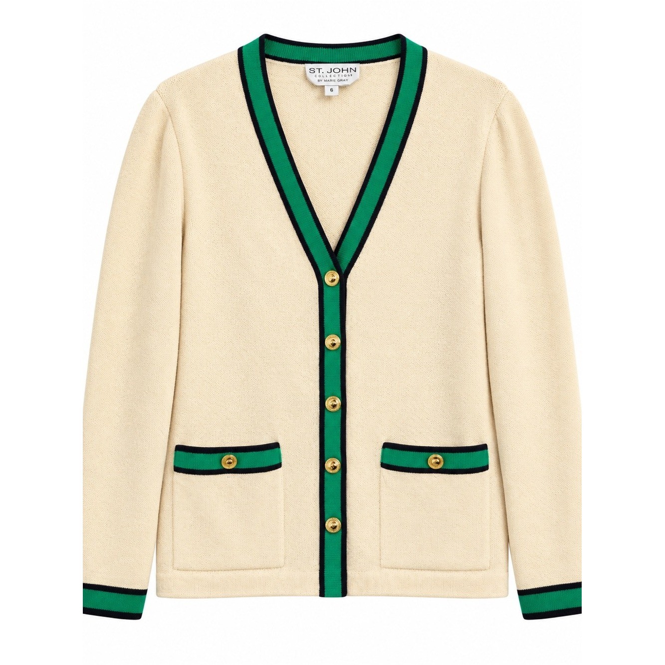 St John Collection Cardigan Womens 6 Ivory Green Santana Knit V-Neck