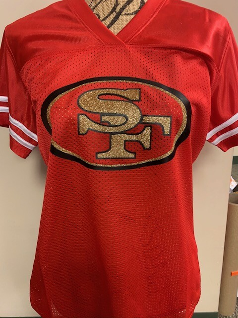 San Francisco 49er Women's Glitter Football Jersey in BLACK or RED