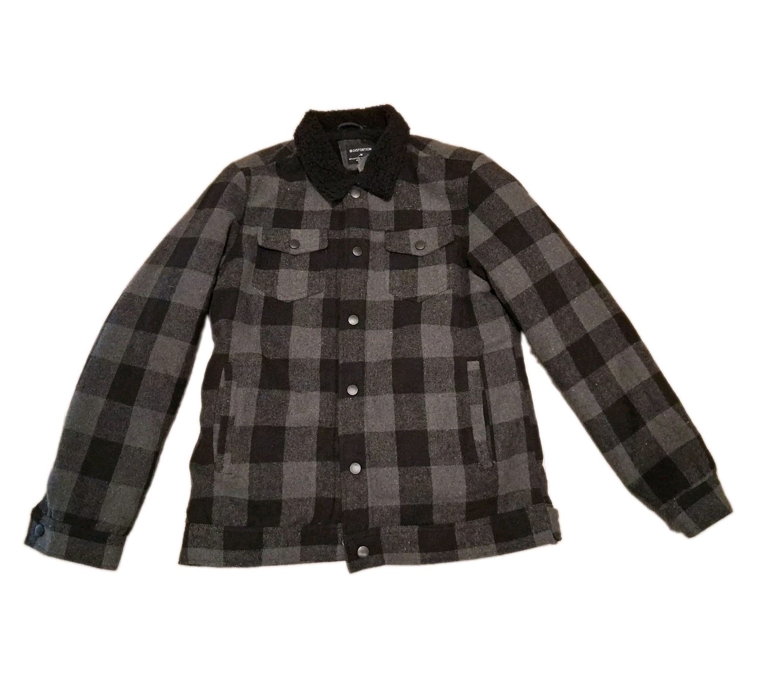 Distortion Mens Sherpa Lined Jacket Medium Grey Black Snap Button Overcoat Top