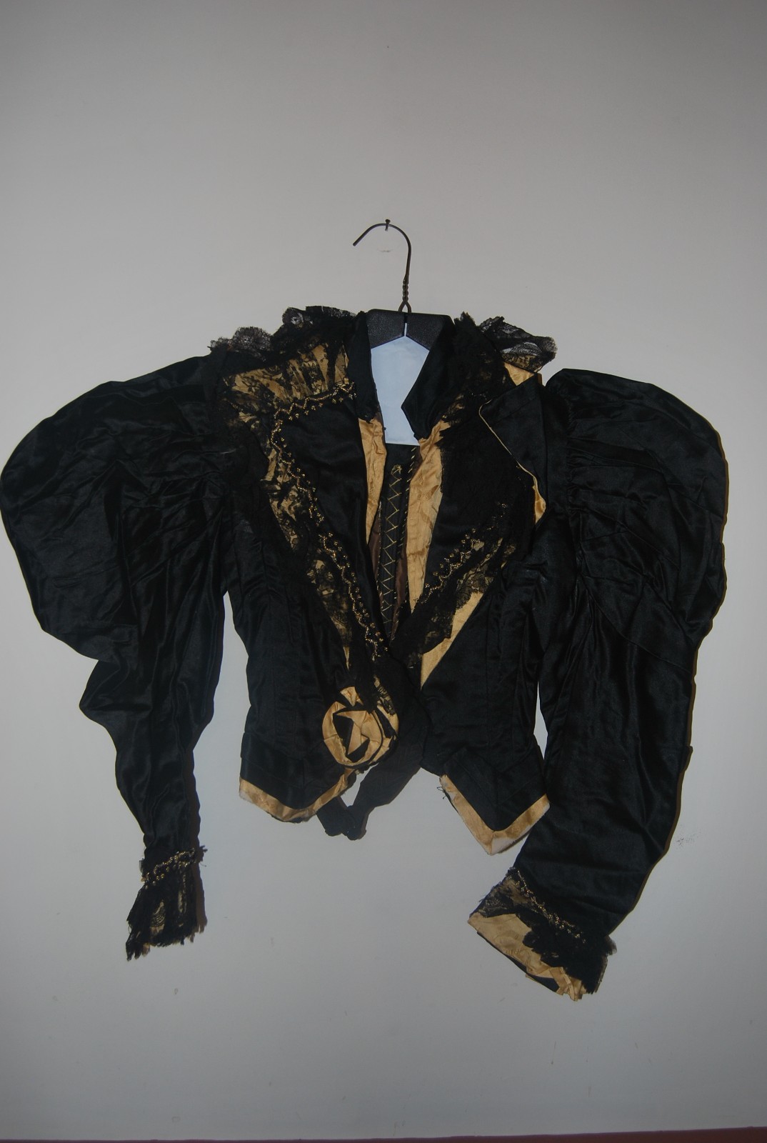 Edwardian Victorian black satin beaded jacket golden underlay fabric lace trim