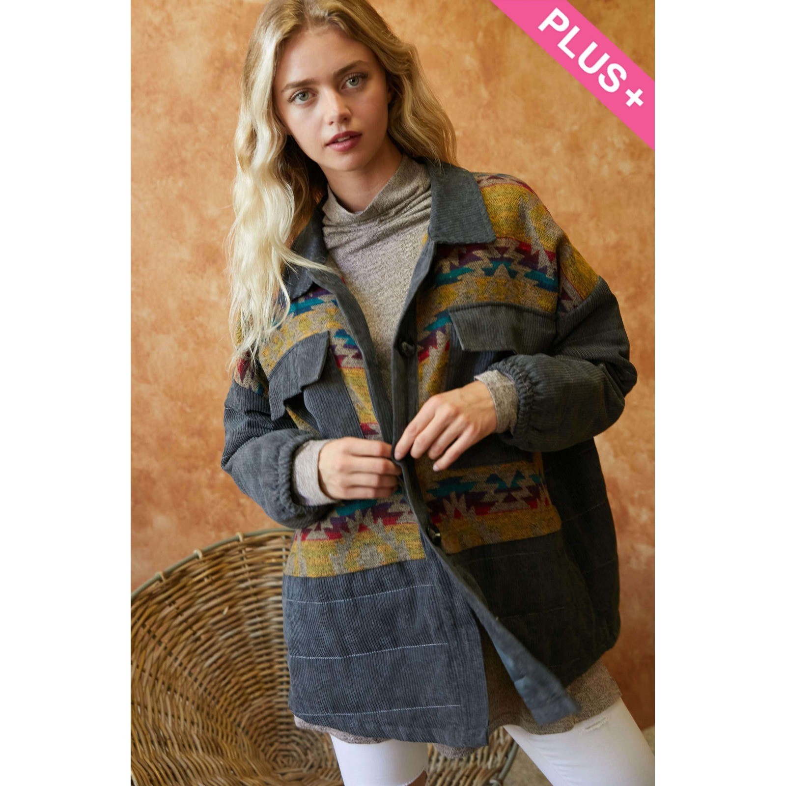 323 Davi & Dani Plus - Aztec Yoke Quilted Corduroy Shacket - 1X - PTP 30\