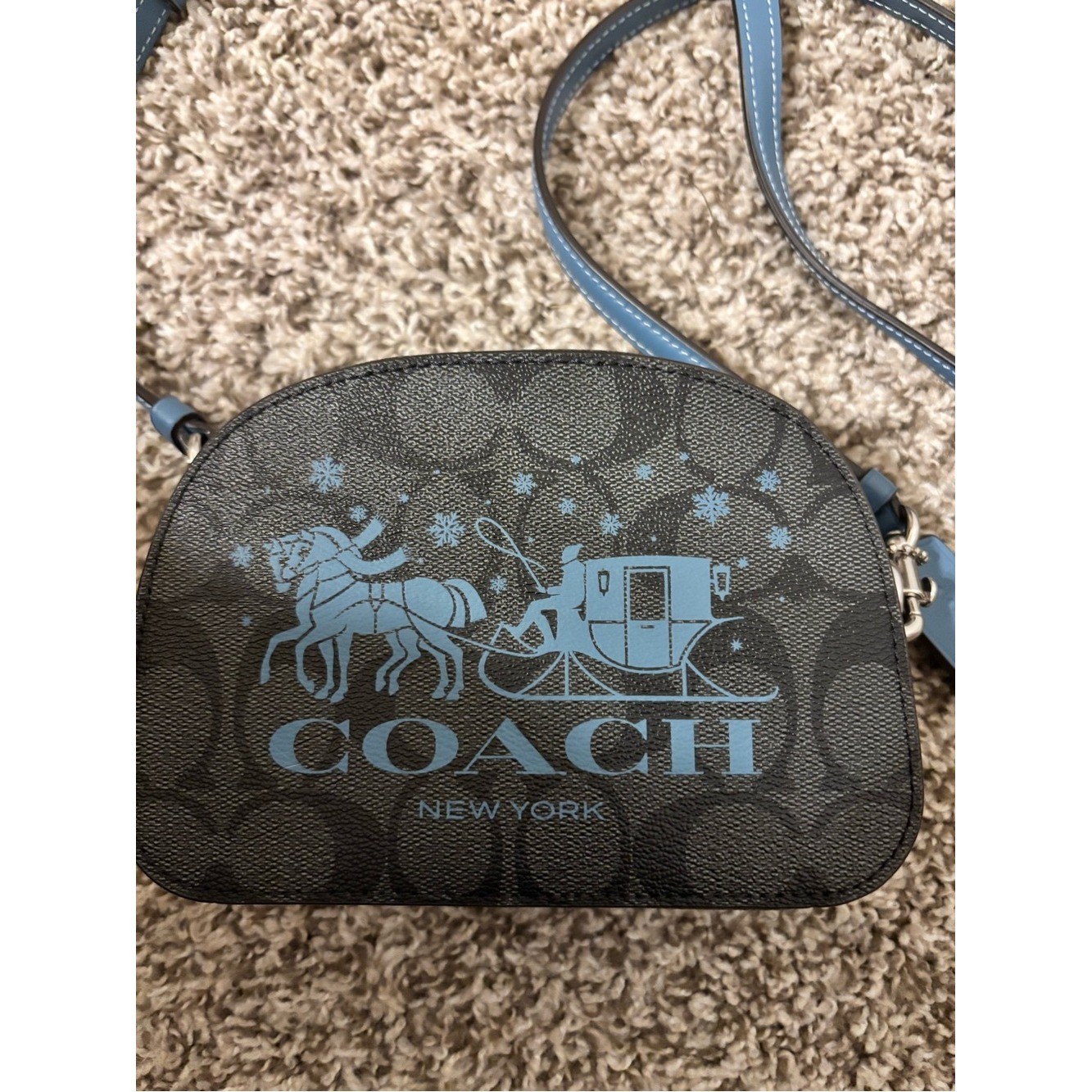 NWOT Coach Black Crossbody with Light Blue Coach-and-Carriage Print