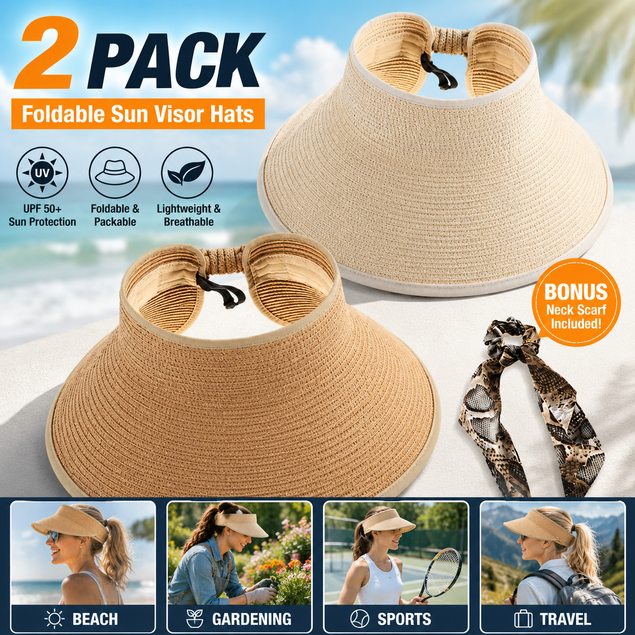 2 Pack Women’s Straw Sun Visor Hats Wide Brim Foldable UV Beach Hat