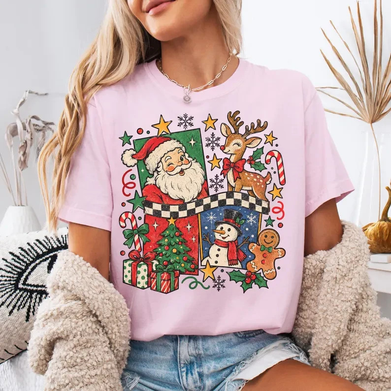 Retro Santa and Friends Christmas T-shirt, Vintage Holiday Graphic Tee, Festive