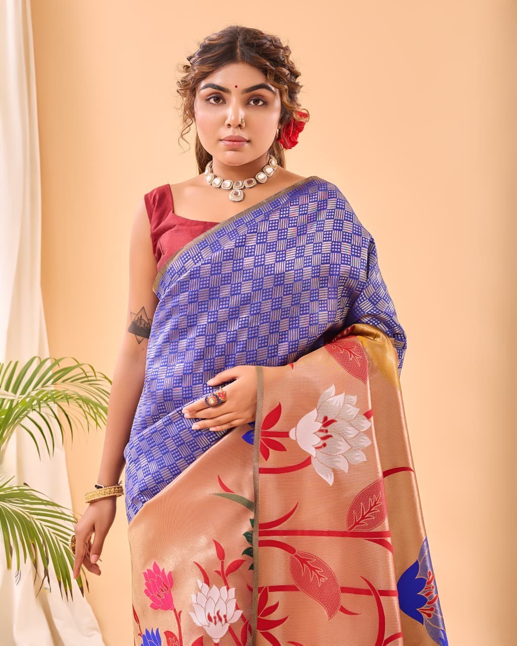 Traditional Pure Paithani Silk Saree Blouse Meenakari Motifs Contrast Rich Pallu