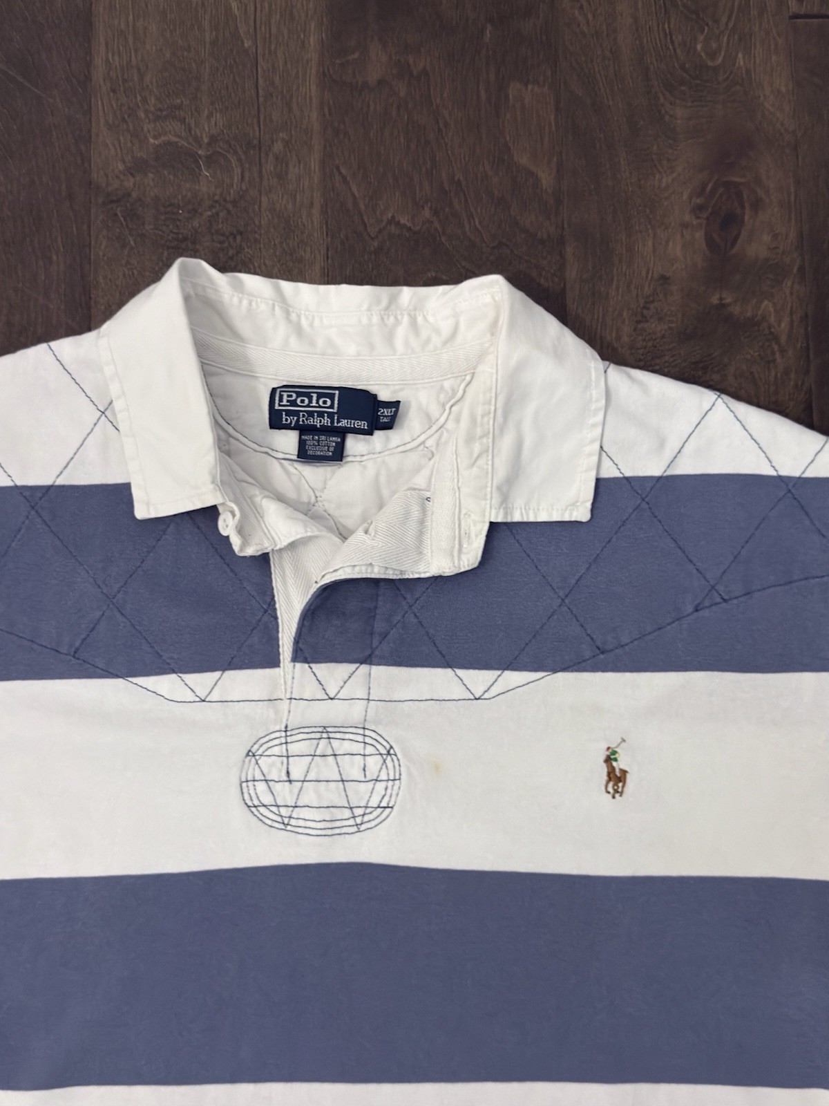 Vintage Polo Ralph Lauren Quilted Stripe Rugby Shirt Mens 2XLT Blue White Globe
