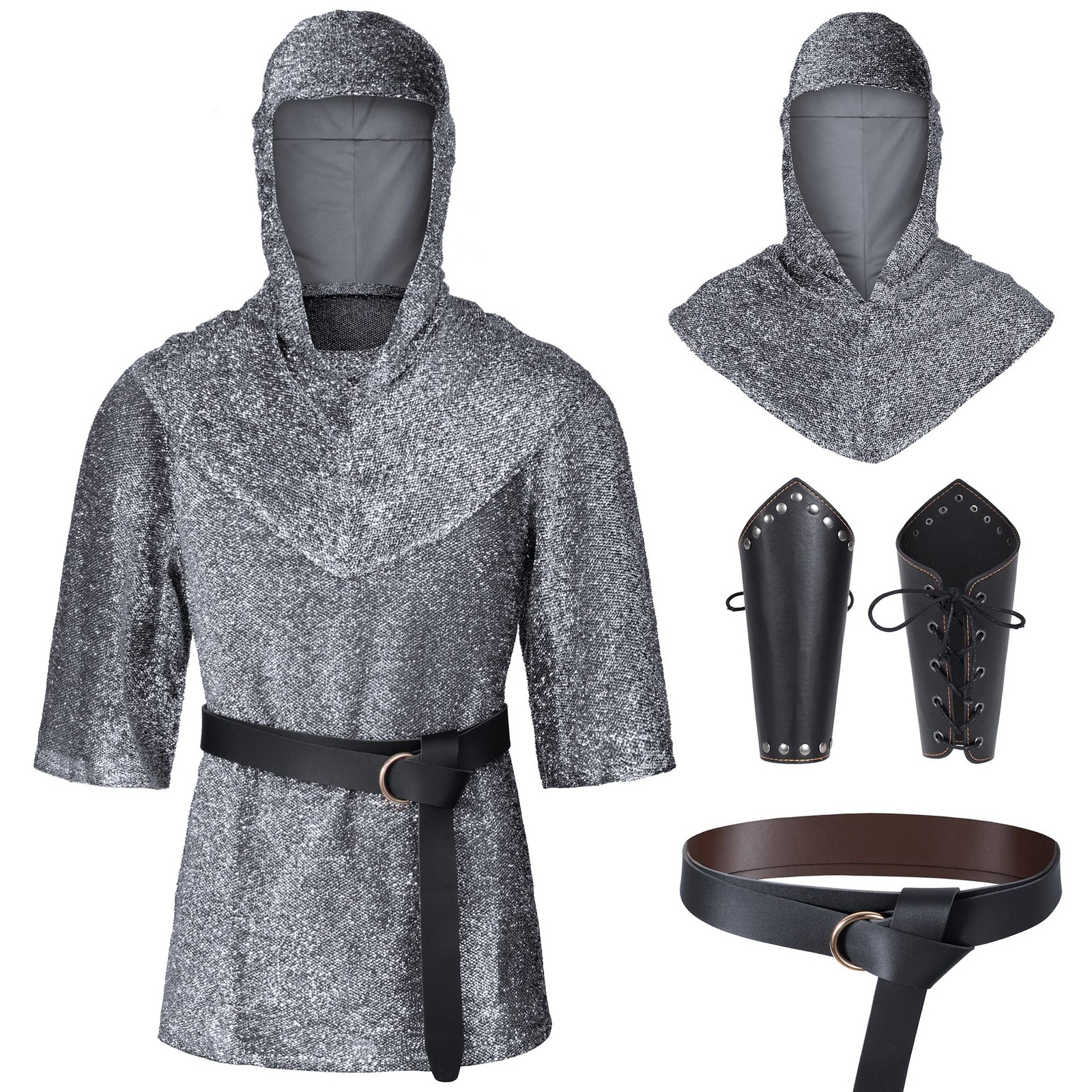 Renaissance Faux Chain Mail Armor Tunic Shirt Coif Medieval Knight Cowl Crusader