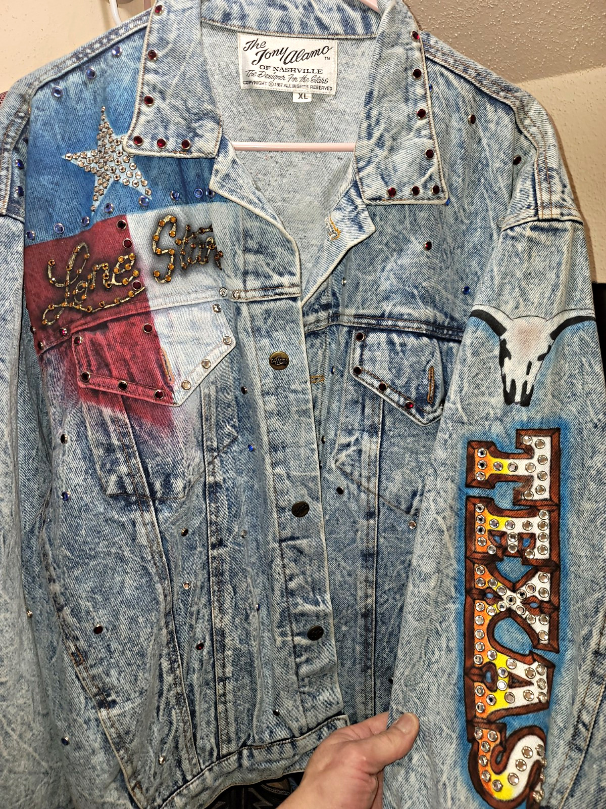 The Tony Alamo Men\'s XL Blue Studded Rhinestone Texas Trucker Jacket Button