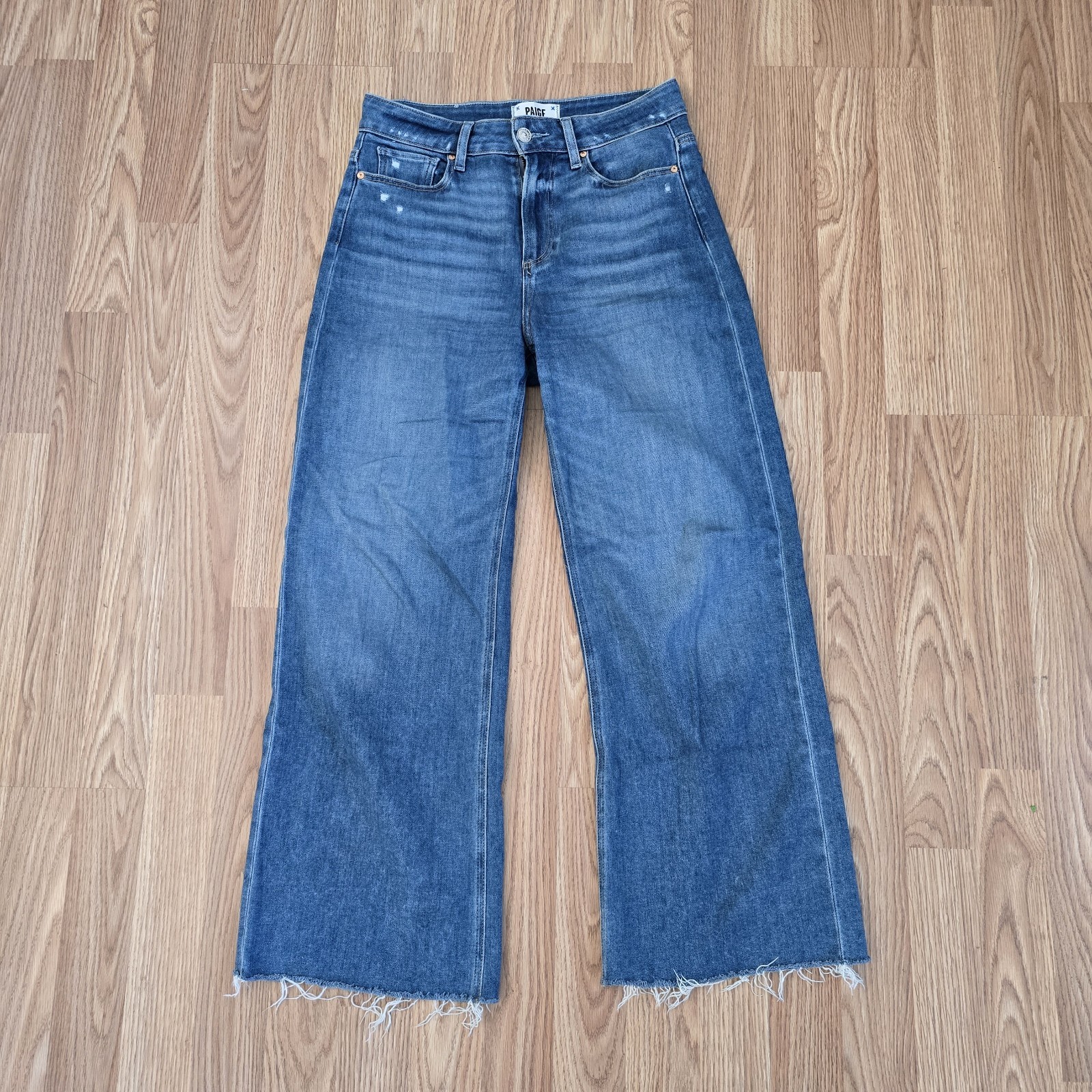 PAIGE Anessa Wide Leg Jeans in Rock Show Distressed Size 26 Raw Hem